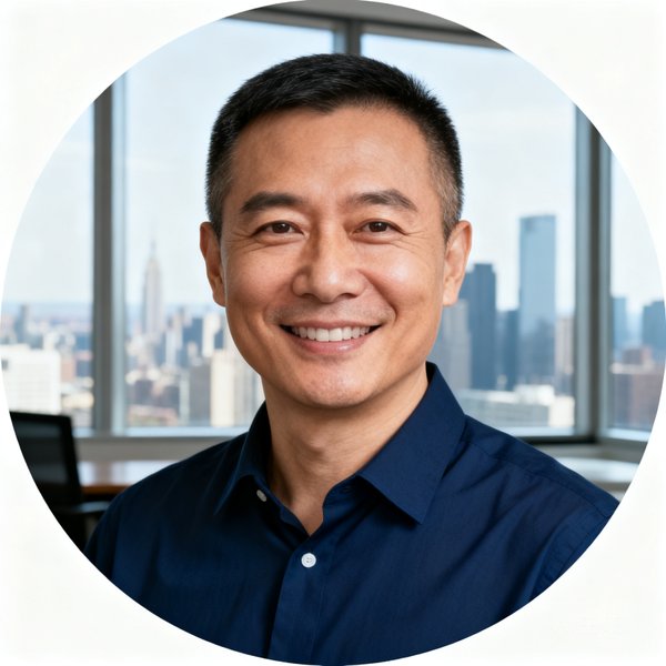比分网创始人兼CEO李明的圆形头像照片，42岁男性，短发干练，穿着深蓝色衬衫，面带微笑，背景为办公室落地窗和城市天际线